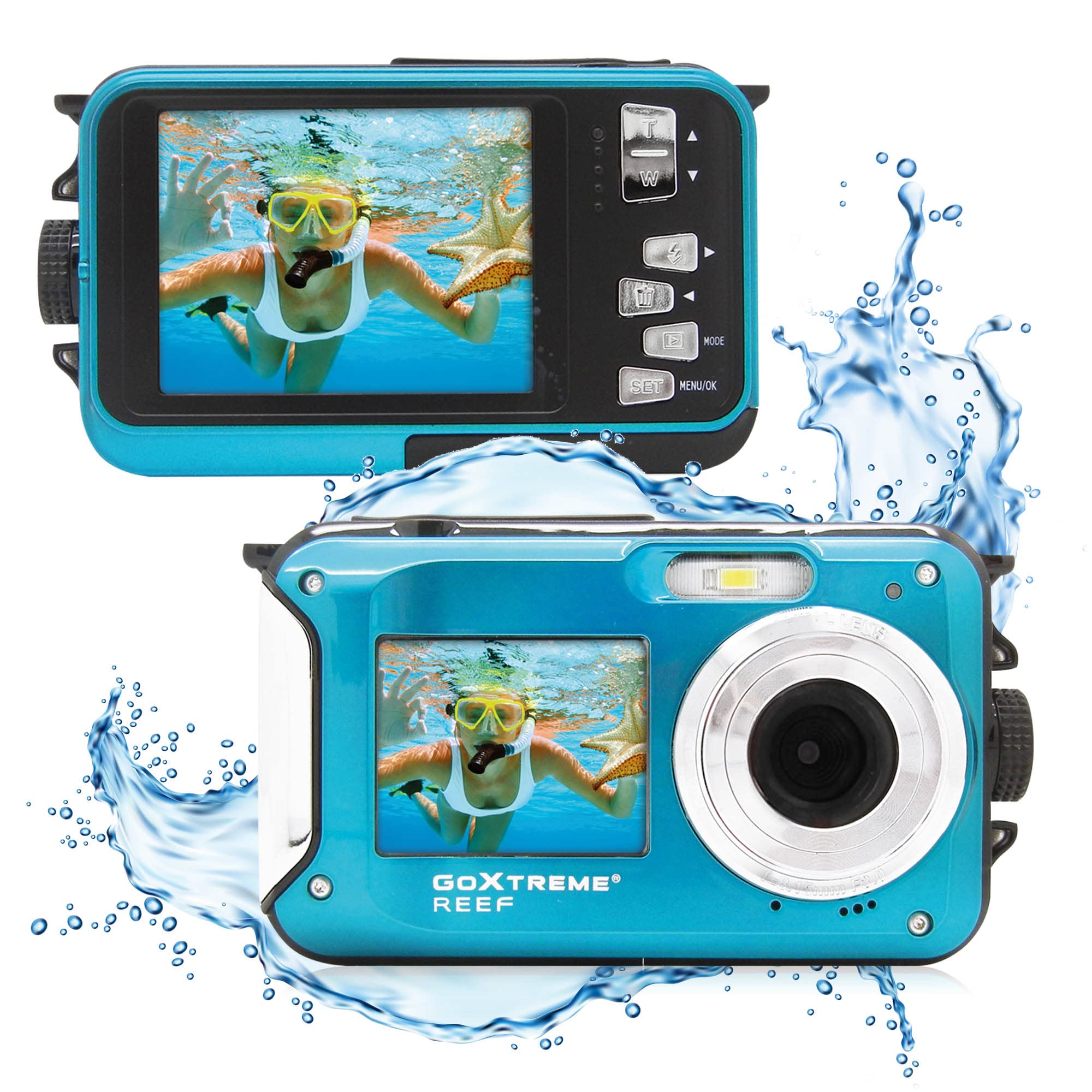 GoXtreme Reef Unterwasserkamera mit Zwei Displays, wasserfest bis 3 m, bis zu 24 MP Auflösung, 4X Digital-Zoom, 8 MP Sensor, Blau