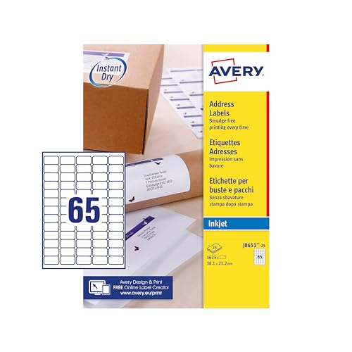 Avery Adress-Etiketten, personalisierbar, selbstklebend, Verpackungseinheit: 25 Blatt 38,1 x 21,2 mm weiß