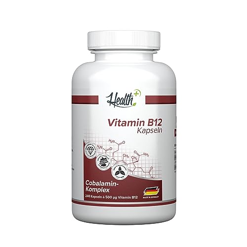 B01N3CYYEX– Health+ Vitamin B12 - 240 Kapseln, hochdosierte Vitamin Kapseln mit 500 mcg Cobalamin-Komplex, Nahrungsergänzungsmittel, Made in Germany