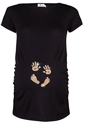HAPPY MAMA. Damen Baby Hände Fußabdruck T-Shirt Top Oberteil Schwangere. 013p (Schwarz & Gold, EU 38/40, M)
