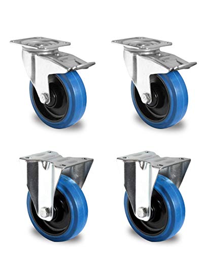 der ROLLENDE SHOP - Rollensatz 2 Lenkrollen mit Bremse und 2 Bockrollen mit Rollenlager 125 mm Durchmesser - Serie R4F1 - "Blue Wheels"