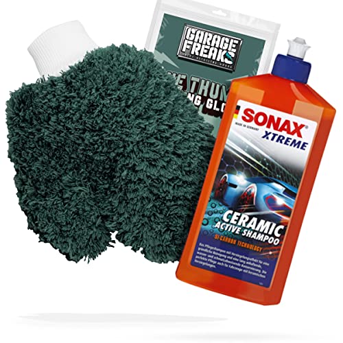 detailmate Autowäsche Bundle - Autoshampoo SONAX Xtreme Ceramic Active Shampoo 0,5L + Garage Freaks One Thumb Washing Glove - Autopflege Set mit Waschhandschuh und Auto Shampoo
