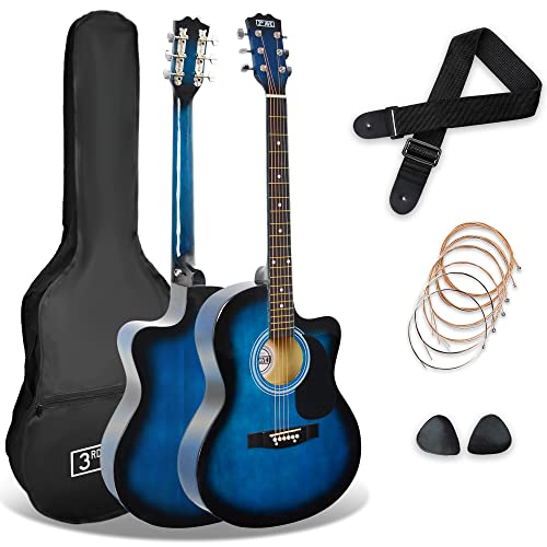 3rd Avenue 4/4 Akustikgitarre mit Cutaway für Anfänger in Blau mit Tasche, Gurt, Plektren und Ersatzsaiten