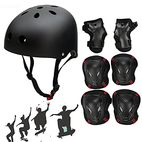 Skate Protektoren Set mit Helm Knie Pads Ellbogen mit Handgelenkschoner Schonerset für Skate Skateboard Roller Sport BMX Radfahren,für Kopf M (52-57 cm) Schwarz