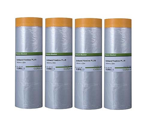 Colorus 6 x Goldband Masker Tape PLUS | Malerband mit Abdeck-Folie 140 cm x 33 m | Abdeckband mit HDPE-Folie, Innen und Außen | Scharfe Farbkanten | Selbstklebende Malerfolie mit Abklebeband