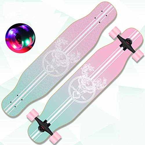 Longboards Kinder Cruiser 43 Zoll Street Fancy Retro Cruiser Anfänger 8-Lagigem Ahornholz Skateboards,Mädchen Jungen Erwachsene Profis Drop- Through Surfing Buntem LED-Lichtrad Penny Board,Rosa