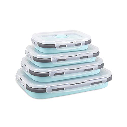 DUBENS Silikon Faltbare Frischhaltedosen 4 TLG, faltbar, für Lebensmittel Aufbewahren, Einfrieren und Erwärmen, Lunchbox/Bento, mikrowellen, spülmaschinen, gefrierschrank, ofenfest (Blau)