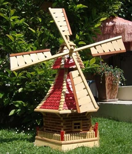 BTV XXL Garten-Windmühle Holzwindmühle, Windmühlen Garten, imprägniert + kugelgelagert 1,30 m groß rot lasiert hell weinrot + Natur mit/ohne Solarbeleuchtung
