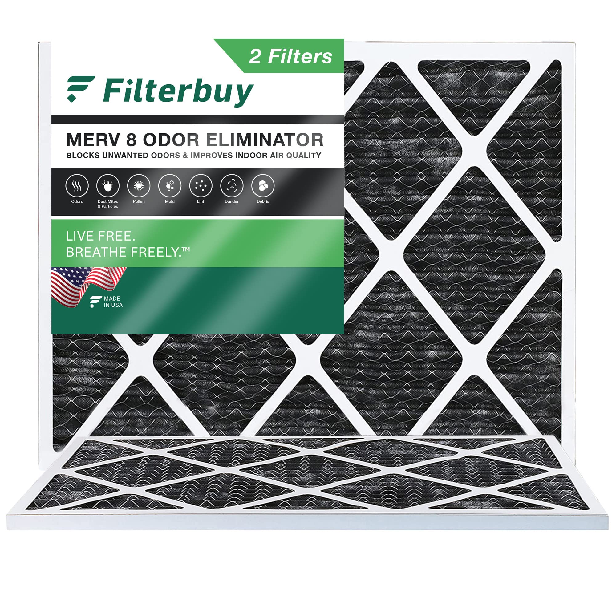 FilterBuy Allergen-Geruchskiller 24x30x1 MERV 8 Plissee AC Ofen-Luftfilter mit Aktivkohle – 2 Stück – 24x30x1