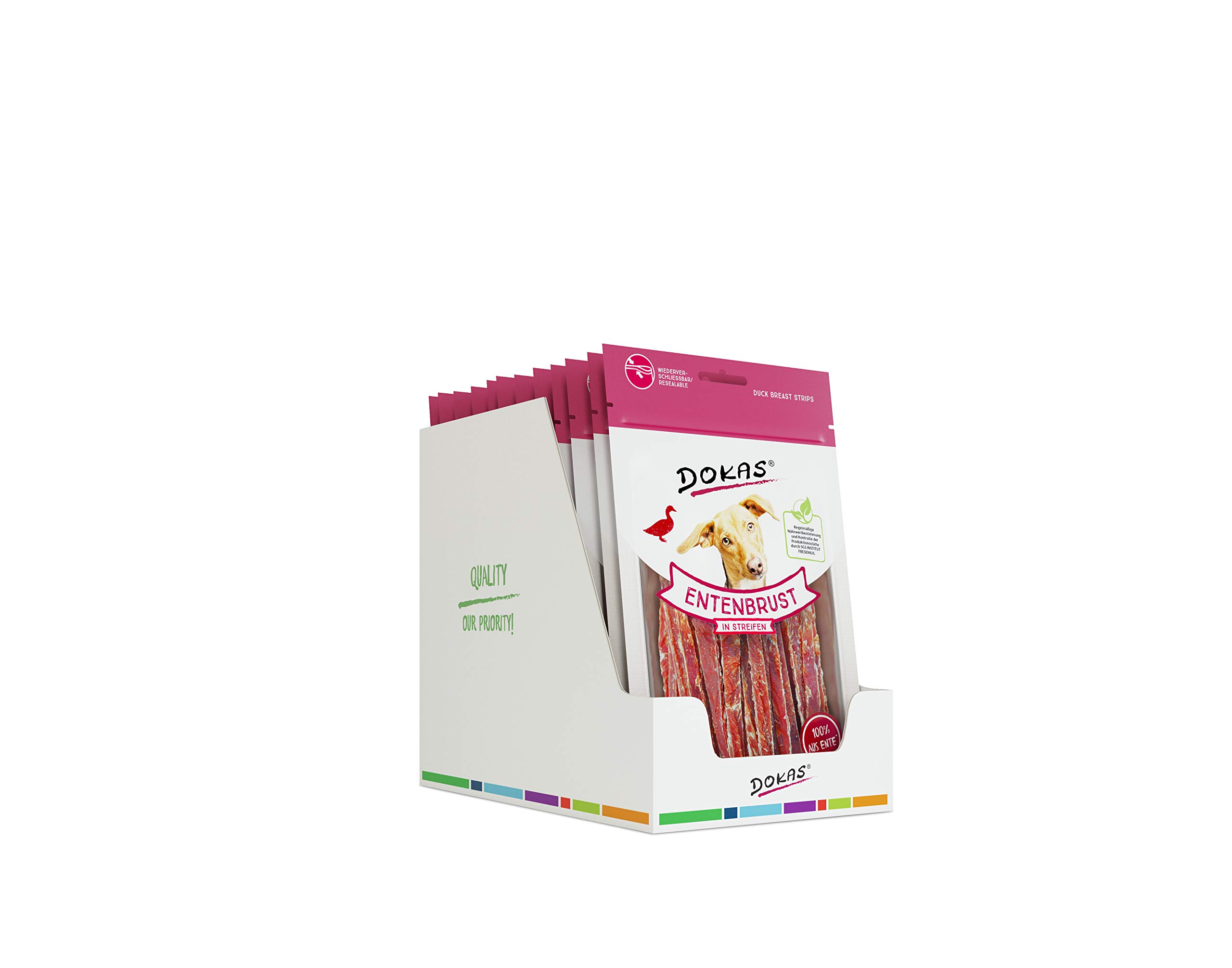 DOKAS Getreidefreier Premium Snack in Streifen für Hunde – Aus Entenbrustfilet set of 12 x 70g