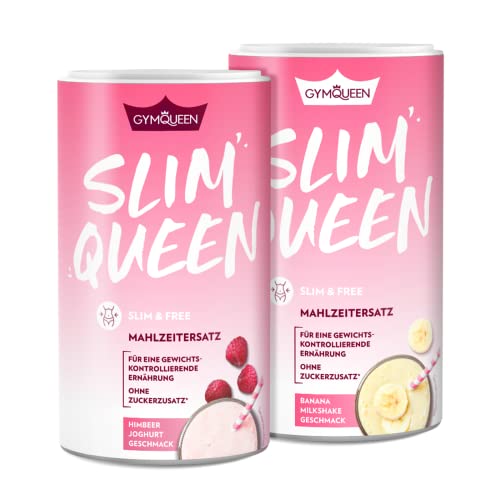 GymQueen Slim Queen Abnehm Shake 2x420g, Himbeer-Joghurt + Banana Milkshake, Diät-Shake zum einfachen Abnehmen, Mahlzeitersatz mit wichtigen Vitaminen und Nährstoffen, nur 250 kcal pro Portion