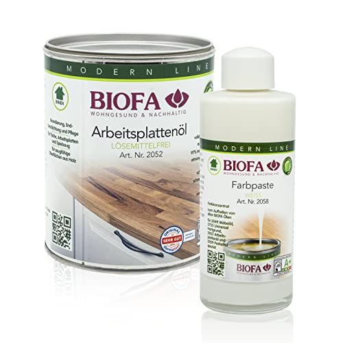 Biofa Arbeitsplattenöl 1 Liter WEISS, lösemittel- und kobaltfrei, Grundierung, Endbeschichtung u. Pflege für Tische, Arbeitsplatten, Spielzeug, Schneidebretter, SET mit Farbpaste weiß 0,15 L und Pads