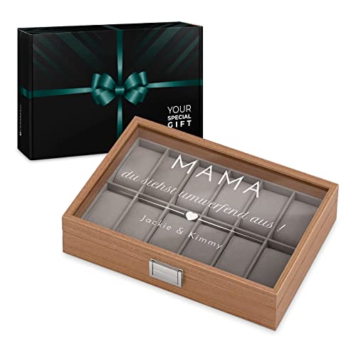 Maverton Uhrenbox mit Gravur für 12 Uhren - Uhrenkasten Aufbewahrungsbox mit herausnehmbaren Uhrenkissen - Schmuckbox zum Geburtstag für Frauen - Farbe: Braun - Herzchen
