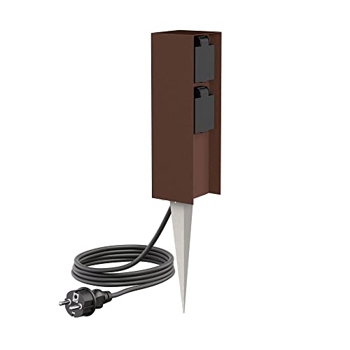 ledscom.de Garten-Steckdosen-Säule POMI mit Erdspieß und 2m Kabel für außen, IP44, 2-Fach, braun, eckig, 23cm