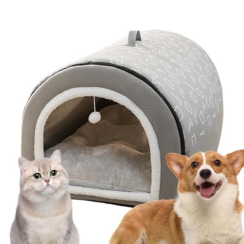 Katzenhöhle - 2-in-1 abnehmbares, überdachtes Katzenbett mit Kugelanhänger | Katzenversteck, warmes, waschbares, gemütliches Hundebett für große Hunde, bequemes Hundebett mit Abdeckhöhle für Ewoke