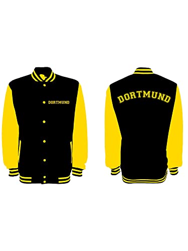 Shirt-Panda Unisex College Jacke Dortmund Fan - Brust & Rücken Bedruckt - Baseball Jacke Damen Herren XS-3XL Jet Black/Sun Yellow S