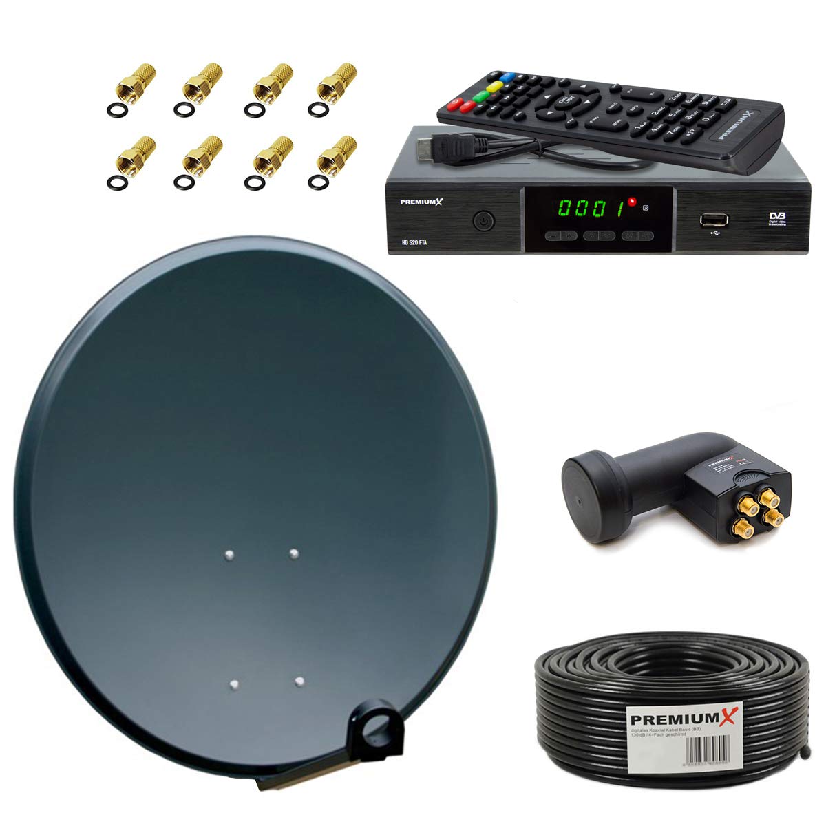 PremiumX Satelliten-Komplettanlage 60cm Satellitenschüssel ALU Anthrazit SAT Quad LNB 50m Kabel FullHD TV Satelliten-Receiver