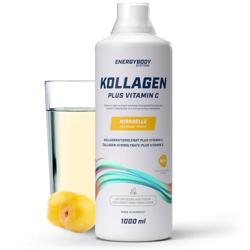 Energybody Kollagen Liquid Plus Vitamin C „Mirabelle“ / 1000 ml / Flüssiges Kollagen Hydrolysat / Reines Rinderkollagen bestehend aus bioaktiven Kollagenpeptiden / Collagen Drink mit 40 Portionen