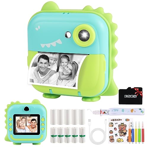 Kinderkamera Sofortbildkamera, GuKKK Digitalkamera für Kinder mit Druckpapier & 32G TF Karte, VideoKamera mit Farbigen Stiften & Fotoklammern (Grün)