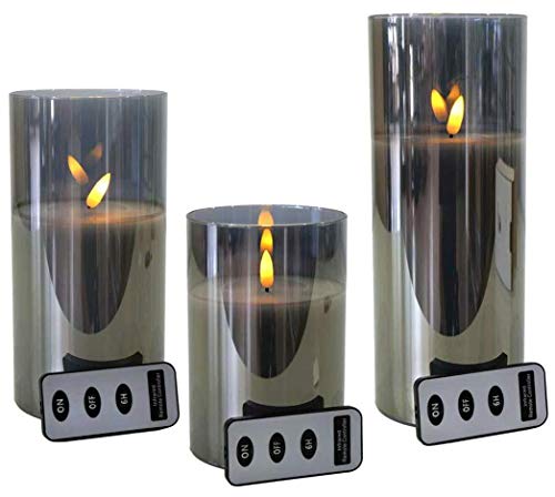 Hochwertige LED Kerzen im Glas - mit Fernbedienung & Timer - ⌀ 10 cm - Realistische & Flackernde Flamme - Weihnachten Kerzenset (Grau, 3er Sparset)