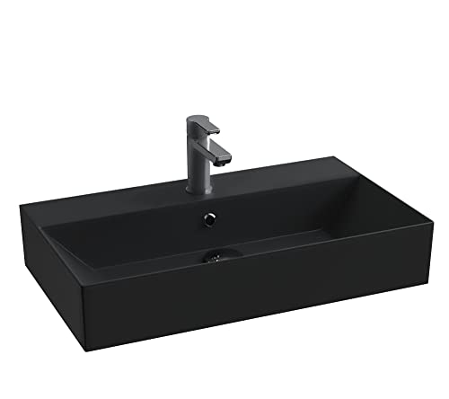 Aqua Bagno | Design Waschbecken Hängewaschbecken Aufsatzwaschbecken Waschtisch aus hochwertiger Keramik eckig KS.70 | 70 x 42 cm | Schwarz