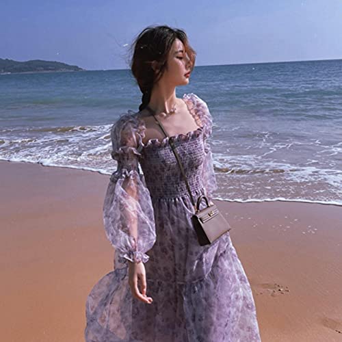 ZYONG Frühling Blumendruck Square Kragen Slim Chiffon Süße Kleid 2021 Puffarm Kawaii Koreanische Sommer Elegante Party Strand Midi Kleid