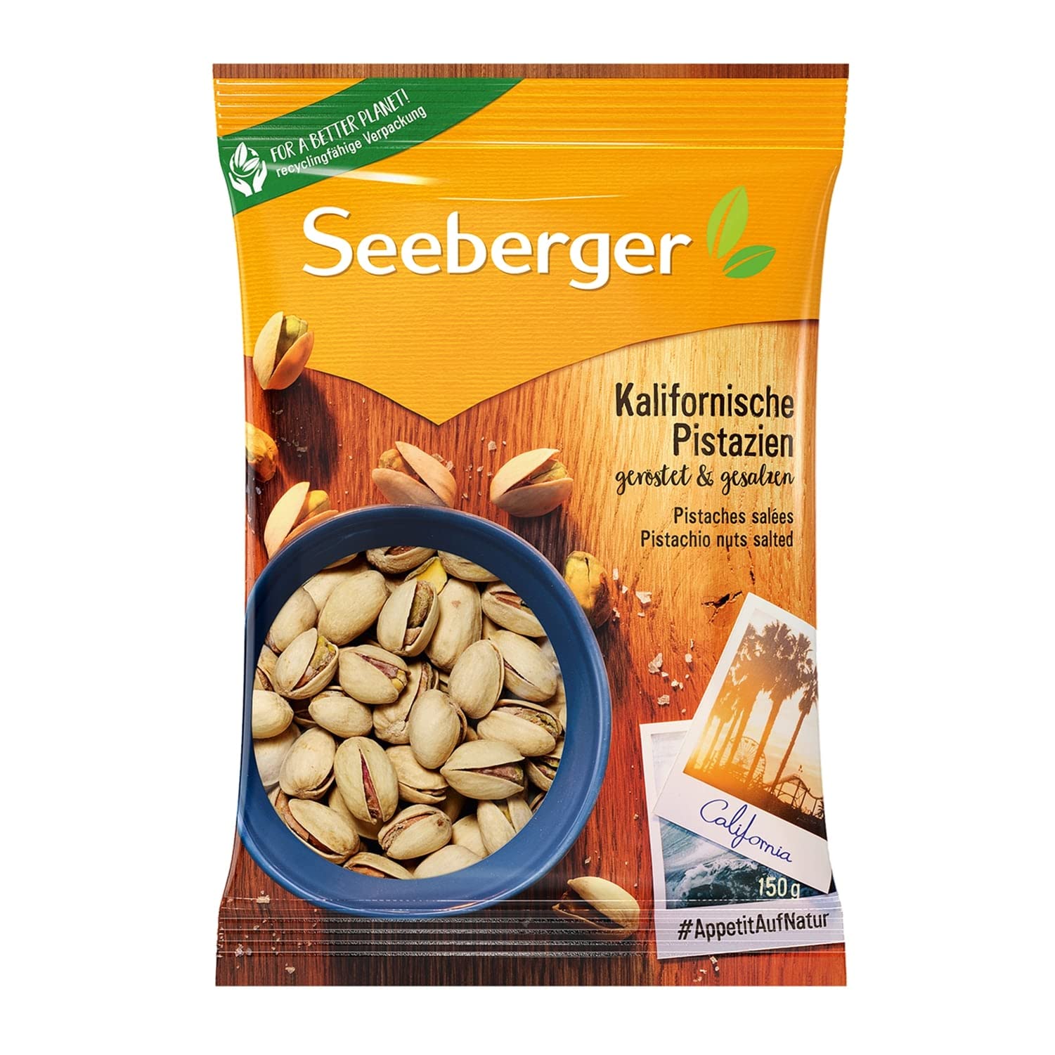 Seeberger Pistazien geröstet & gesalzen 12er Pack, Knackige Pistazienkerne aus Kalifornien feinstens veredelt - intensiv-nussiges Aroma - mit Schale, vegan (12 x 150 g)