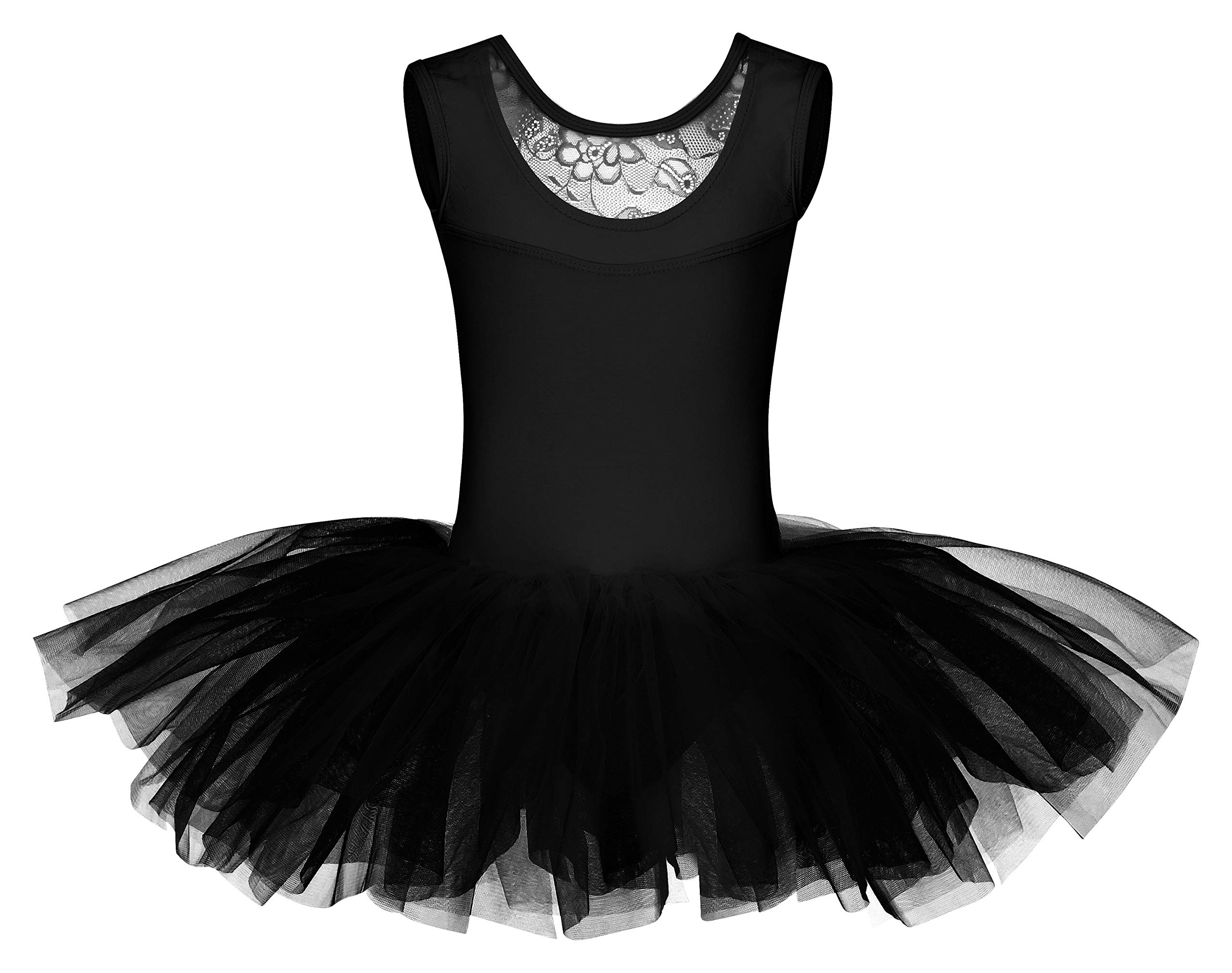 tanzmuster ® Ballettkleid Mädchen Tutu - Lottie - aus weichem Baumwollmaterial mit Spitzeneinsatz vorn und Tuturock Trikot fürs Kinder Ballett in schwarz, Größe:152/158
