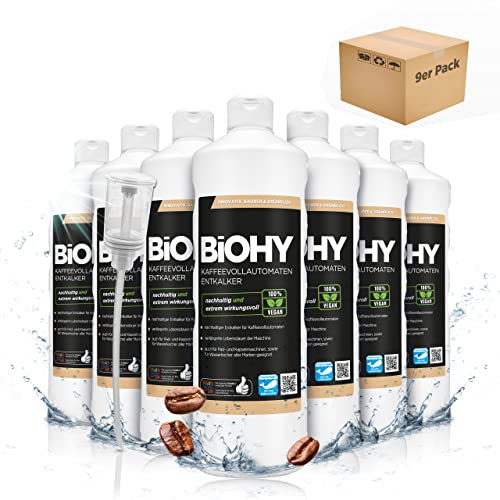 BiOHY Kaffeevollautomaten Entkalker (9x1l Flasche) + Dosierer | Ideal zur Entkalkung von allen Kaffeemaschinen & Espressomaschinen  | Ca. 20 Entkalkungsvorgänge/Flasche