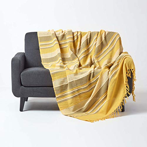 Homescapes extra große Tagesdecke Morocco, gelb, Sofa-Überwurf aus 100% Baumwolle, weiche Wohndecke 255 x 360 cm, gelb gestreift, mit Fransen
