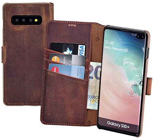 Suncase Book-Style kompatibel mit Samsung Galaxy S10 Plus Hülle (Slim-Fit) Leder Tasche Handytasche Schutzhülle Case (mit Standfunktion und Kartenfach - Bruchfester Innenschale) in antik Coffee