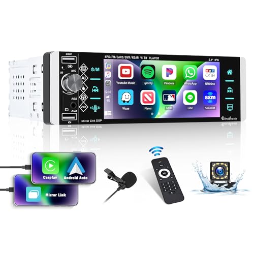 Autoradio 1 Din mit Apple CarPlay Android Auto, 5,1 Zoll Bildschirm MP5 Multimedia Player mit Phone Mirror Link Bluetooth FM Radio SWC AUX EQ USB + Rückfahrkamera & Fernsteuerung & MIC