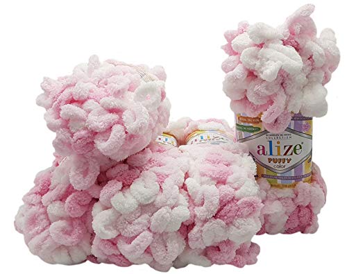 5 x 100 Gramm Strickwolle Alize Puffy Color, 500 Gramm Fingerstrick - Wolle mehrfarbig super bulky, Schlaufenwolle, Stricken ohne Nadel (rosa weiss 5863)