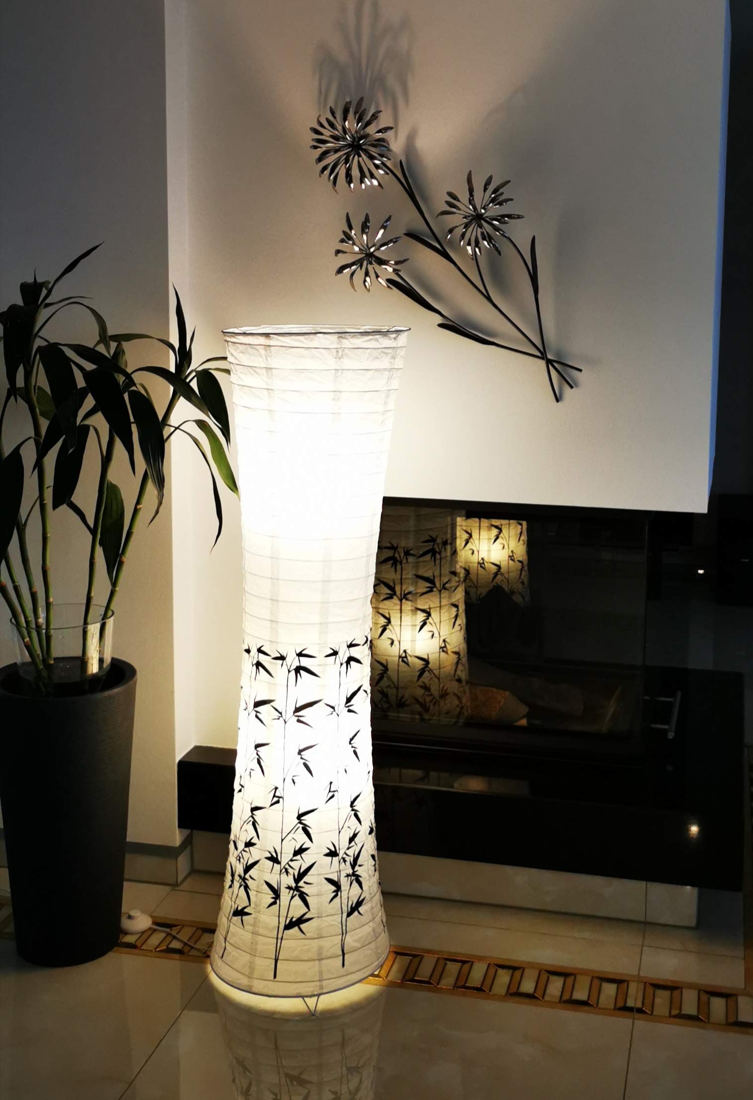 Trango 1217 Design Stehlampe Reispapier Lampe mit Bambus Motiv Dekor *PEKING* Stehleuchte 125cm Hoch, Wohnzimmer Deko Lampe, Stehlampe mit Lampenschirm inkl. 2x E14 Lampenfassung ohne Leuchtmittel