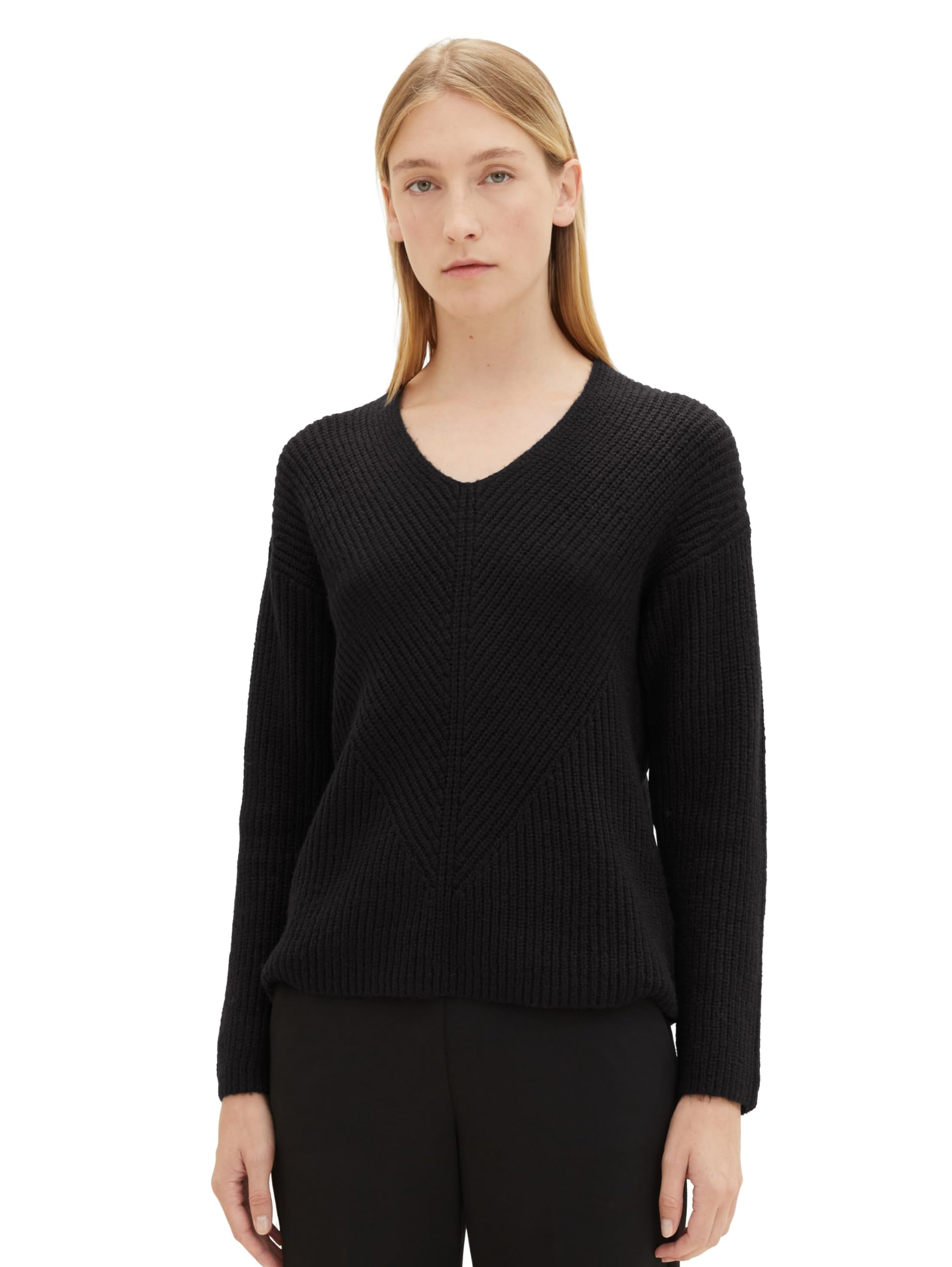 TOM TAILOR Damen 1039242 Basic Pullover mit V-Ausschnitt, 14482-deep Black, XXXL
