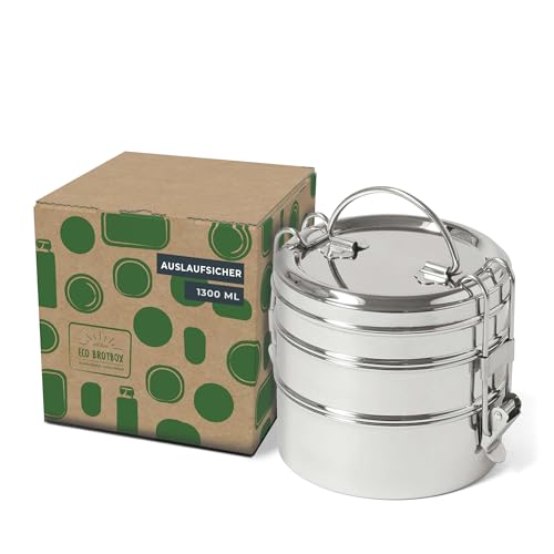 ECO Brotbox | Tiffin Swing | runde Lunchbox aus Edelstahl mit 3 Lagen, auslaufsicher | 1200 ml