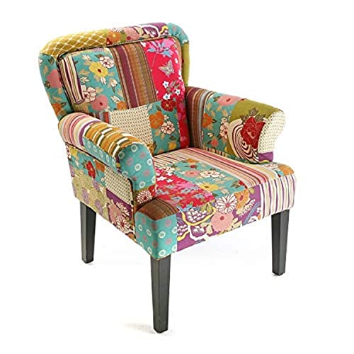 Versa Pink Patchwork Sessel für Wohnzimmer, Schlafzimmer oder Esszimmer, bequemer und Anderer Sessel, mit Armlehnen, Maßnahmen (H x L x B) 89 x 71 x 72 cm, Baumwolle und Holz, Farbe: Rosa
