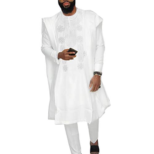 HD Afrikanische Herren-Bekleidung Agbada Kleidung Stickerei Dashiki Shirts und Hosen Outfits 3-teilig, Weiß, XX-Large