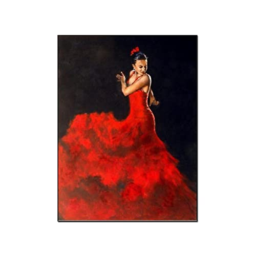 Leinwand Bilder Groß Wohnzimmer Spanischer Stil Flamenco Tänzer Wandkunst Rotes Kleid Sexy Spanische Frau Gemälde Leinwand Poster Wandkunst Poster für Schlafzimmer Wohnzimmer Dekor 30x40cm Kein Rahmen