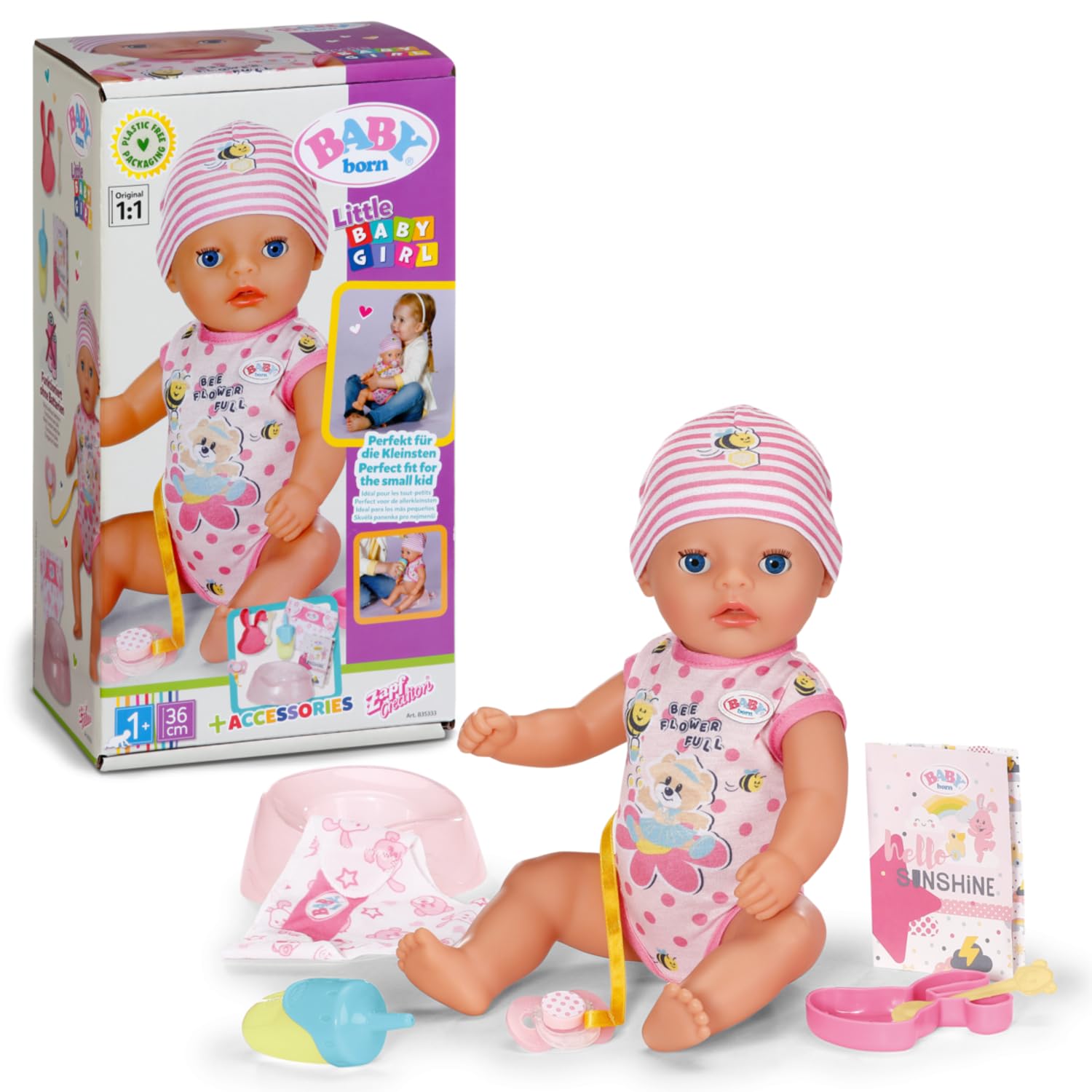 BABY Born Little Baby Girl, Babypuppe mit 7 Funktionen für Kleinkinder ab 1 Jahr, funktioniert ohne Batterie, 36 cm große Puppe, 835333 Zapf Creation
