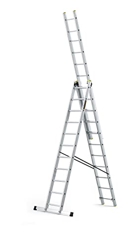Drabest Alu Vielzweckleiter 3X 11 Stufen Schiebeleitern 3-teilig Stehleiter Pro Kombileter Arbeitshöhe 7 m Belastbarkeit 150 kg inkl. Eimerhaken