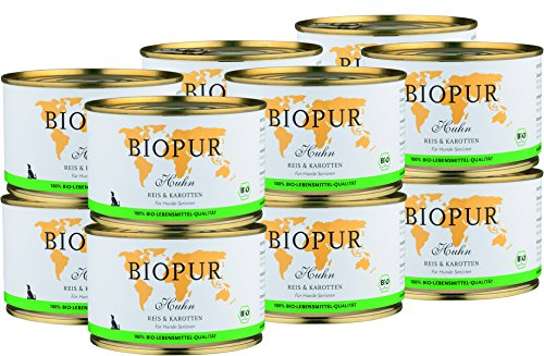 BIOPUR Bio Hundefutter Huhn, Reis & Karotten für Hunde-Senioren 12x400g