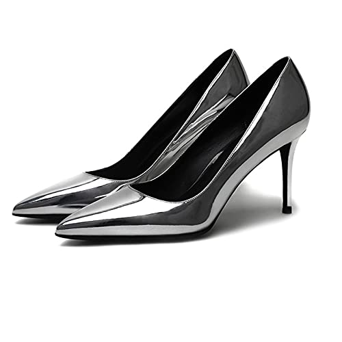 Sexy Spitze High Heels Für Damen - 3,14 Zoll / 8 cm Lack-High Heels, Hochzeitsschuhe, Schöne Abend-Stilettos,Silber,39 EU