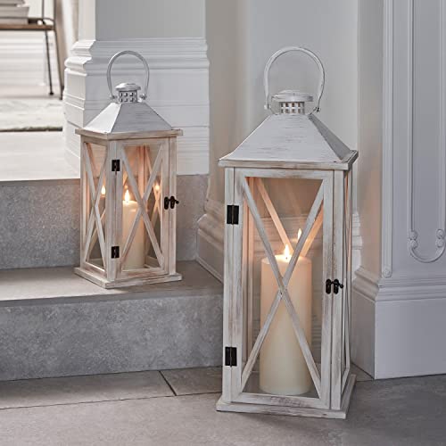 Lights4fun 2er Set Holz Laternen mit TruGlow® LED Kerzen Timer Batteriebetrieb Shabby Chic