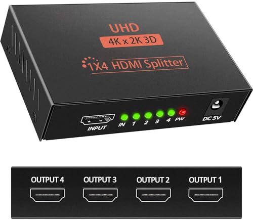 HDMI Splitter 1 IN 4 OUT 3D 4K 1080P Splitter HDMI Verteiler 1 x 4 HDCP 1.4 HDMI Verteiler Verstärker mit USB Kabel Kompatibel mit PC PS3 HDTV Blu-ray Projektor DVD etc