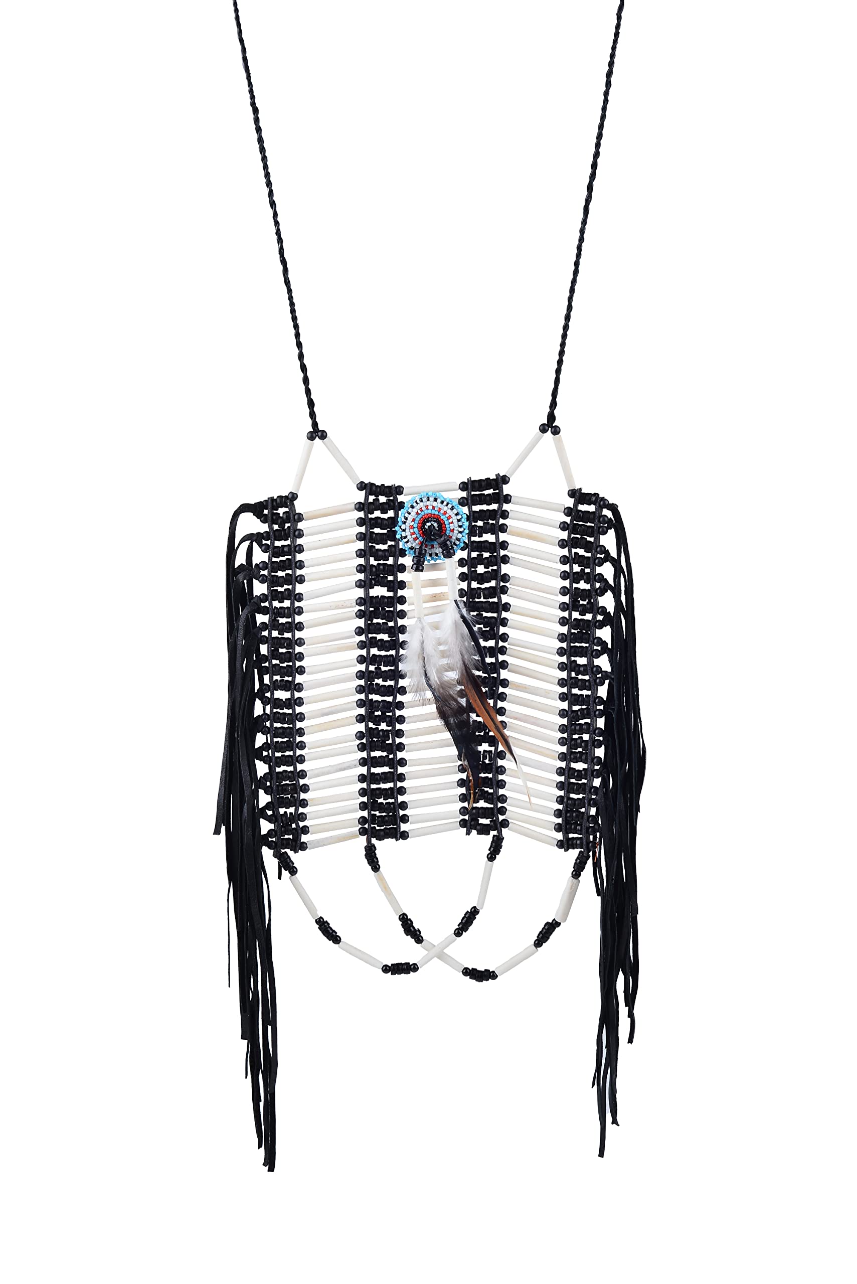 KARMABCN Brustpanzer im indischen Stil, hergestellt aus Knochen und schwarzem Wildleder, Knochenhalsband, indisch inspiriertes Halsband