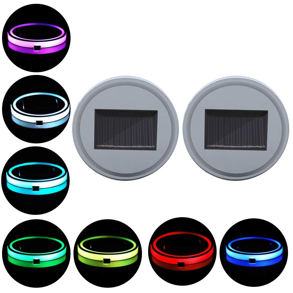 2 Stück solarbetriebene USB LED-Auto-Becherhalter-Matten-Auflage-Trinkflasche Deckel mit 7 Farben Built-in-Licht-Auto-Innendekoration