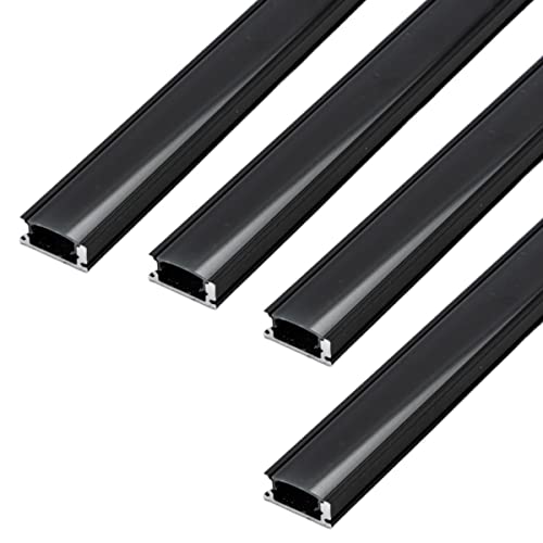 JANDEI 4 x Profile aus Aluminium, Schwarz, 1 m, U-Form für die Installation von LED-Lichtstreifen auf der Oberfläche, durchscheinender Diffusor – 17,3 mm x 6,85 mm (inkl. Endkappen)