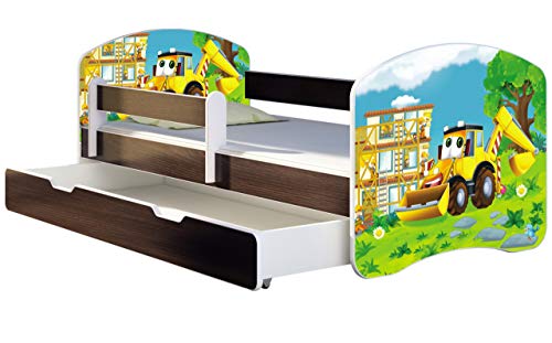 ACMA Kinderbett Jugendbett mit Einer Schublade und Matratze Wenge mit Rausfallschutz Lattenrost II 140x70 160x80 180x80 (20 Bagger, 180x80 + Bettkasten)
