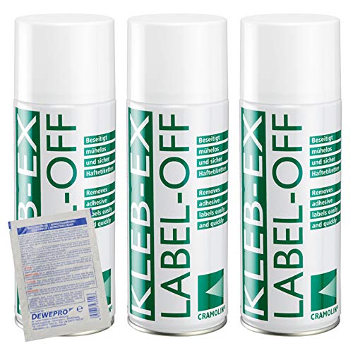 KLEB-EX - VPE: 3 x 200ml Spraydose - Kleberlöser und Etikettenlöser - ITW Cramolin - 1341411 - Etikettenentferner und Kleberentferner inkl. 1 St. DEWEPRO® SingleScrubs
